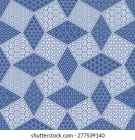 Vector abstract seamless background from indigo blue and dark grey geometric Moroccan patterns, rhombus with geometrical ornaments, stylized hexagonal flowers and stars