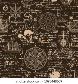 Vector abstract seamless background on the theme of travel, adventure and discovery. Old manuscript with caravels, wind rose, anchors and other nautical symbols with blots and stains in vintage style