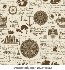 Vector abstract seamless background on the theme of travel, adventure and discovery. Old manuscript with caravels, wind rose, anchors and other nautical symbols with blots and stains in vintage style