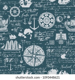 Vector abstract seamless background on the theme of travel, adventure and discovery. Old manuscript with caravels, wind rose, anchors and other nautical symbols with blots and stains in vintage style