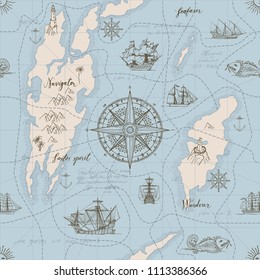 Vector abstract seamless background on the theme of travel, adventure and discovery. Old hand drawn map with vintage sailing yachts, wind rose, routs, nautical symbols and handwritten inscriptions