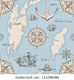 Vector abstract seamless background on the theme of travel, adventure and discovery. Old map with caravels, vintage sailing yachts, wind roses, anchors and handwritten inscriptions in retro style