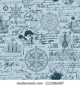 Vector abstract seamless background on the theme of travel, adventure and discovery. Old manuscript with caravels, wind rose, anchors and other nautical symbols with blots and stains in vintage style