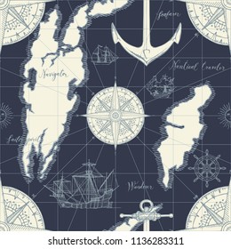 Vector abstract seamless background on the theme of travel, adventure and discovery. Old hand drawn map with vintage sailing yachts, wind rose, routs, nautical symbols and handwritten inscriptions