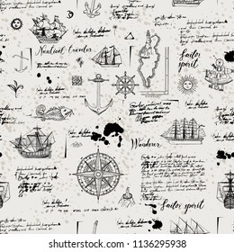 Vector abstract seamless background on the theme of travel, adventure and discovery. Old manuscript with caravels, wind rose, anchors and other nautical symbols with blots and stains in vintage style