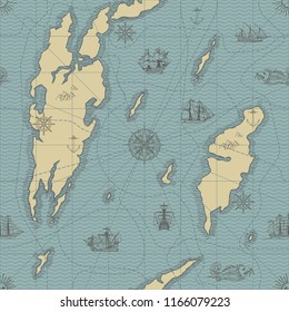 Vector abstract seamless background on the theme of travel, adventure and discovery. Old hand drawn map with vintage sailing yachts, wind rose and nautical symbols
