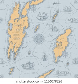 Vector abstract seamless background on the theme of travel, adventure and discovery. Old hand drawn map with vintage sailing yachts, wind rose, routs, nautical symbols and handwritten inscriptions