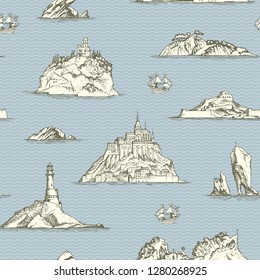 Vector abstract seamless background on the theme of travel, adventure and discovery. Old hand drawn map with islands, lighthouses and sailboats on the wave pattern background in retro style