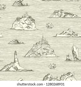 Vector abstract seamless background on the theme of travel, adventure and discovery. Old hand drawn map with islands, lighthouses and sailboats in retro style