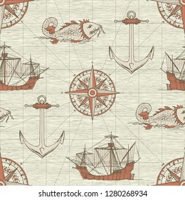 Vector abstract seamless background on the theme of travel, adventure and discovery. Old caravels, vintage sailing yachts, wind roses, anchors and giant catfishes in retro style