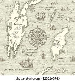 Vector Abstract Seamless Background On The Theme Of Travel, Adventure And Discovery. Old Hand Drawn Map With Vintage Sailing Yachts, Wind Rose, Routs, Nautical Symbols And Handwritten Inscriptions