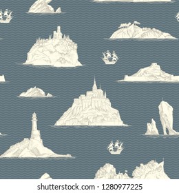 Vector abstract seamless background on the theme of travel, adventure and discovery. Old hand drawn map with islands, lighthouses and sailboats on the wave pattern background in retro style