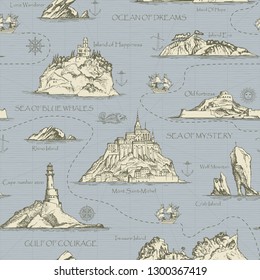 Vector abstract seamless background on the theme of travel, adventure and discovery. Old hand drawn map with islands, lighthouses and sailboats in retro style