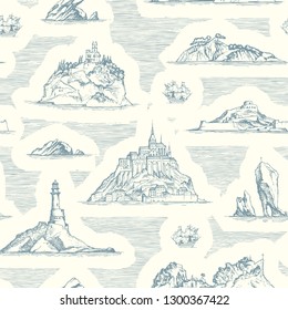 Vector abstract seamless background on the theme of travel, adventure and discovery. Old hand drawn map with islands, lighthouses and sailboats in retro style