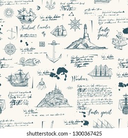 Vector abstract seamless background on the theme of travel, adventure and discovery. Old manuscript with islands, sailboats, wind rose and nautical symbols with blots and stains in vintage style