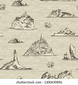 Vector abstract seamless background on the theme of travel, adventure and discovery. Old hand drawn map with islands, lighthouses and sailboats in retro style