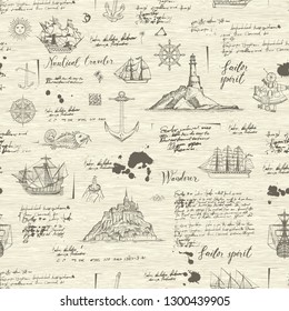 Vector abstract seamless background on the theme of travel, adventure and discovery. Old manuscript with islands, sailboats, wind rose and nautical symbols with blots and stains in vintage style