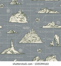 Vector abstract seamless background on the theme of travel, adventure and discovery. Old hand drawn map with islands, lighthouses, sailboats and inscriptions in retro style