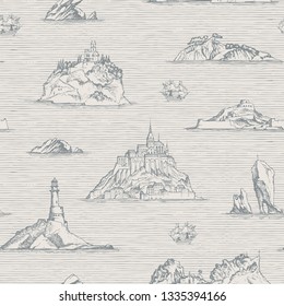 Vector abstract seamless background on the theme of travel, adventure and discovery. Old hand drawn map with islands, lighthouses and sailboats in retro style