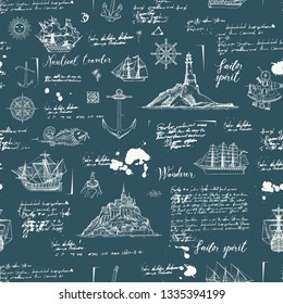 Vector abstract seamless background on the theme of travel, adventure and discovery. Old manuscript with islands, sailboats, wind rose and nautical symbols with blots and stains in vintage style