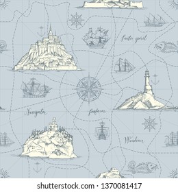 Vector abstract seamless background on the theme of travel, adventure and discovery. Old hand drawn map with islands, lighthouses, sailboats and handwritten inscriptions in retro style