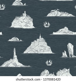 Vector abstract seamless background on the theme of travel, adventure and discovery. Old hand drawn map with islands, lighthouses and sailboats in retro style