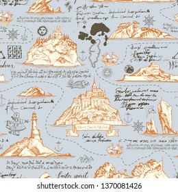 Vector abstract seamless background on the theme of travel, adventure and discovery. Old map with islands, lighthouses, sailboats and nautical symbols with notes, ink blots and stains in vintage style