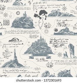 Vector abstract seamless background on the theme of travel, adventure and discovery. Old map with islands, lighthouses, sailboats and nautical symbols with notes, ink blots and stains in vintage style