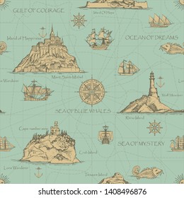 Vector abstract seamless background on the theme of travel, adventure and discovery. Old hand drawn map with islands, lighthouses, sailboats and inscriptions in retro style