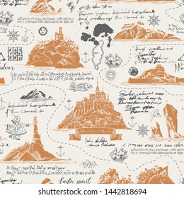 Vector abstract seamless background on the theme of travel, adventure and discovery. Old map with islands, lighthouses, sailboats and nautical symbols with notes, ink blots and stains in vintage style