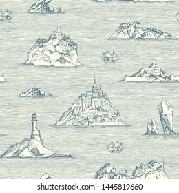 Vector abstract seamless background on the theme of travel, adventure and discovery. Old hand drawn map with islands, lighthouses and sailboats in retro style, pencil drawing