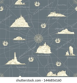 Vector abstract seamless background on the theme of travel, adventure and discovery. Old hand drawn map with islands, lighthouses, sailboats and inscriptions in retro style