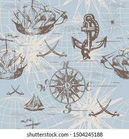 Vector abstract seamless background on the theme of travel, adventure and discovery. Old hand drawn map with vintage sailing yachts, wind rose, routs, nautical symbols and handwritten inscriptions