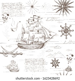 Vector abstract seamless background on the theme of travel, adventure and discovery. Old manuscript with caravels, wind rose, ships and other nautical symbols with blots and stains in vintage style