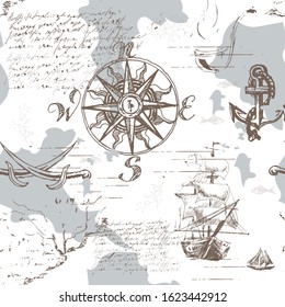 Vector abstract seamless background on the theme of travel, adventure and discovery. Old manuscript with caravels, wind rose, ships and other nautical symbols in vintage style