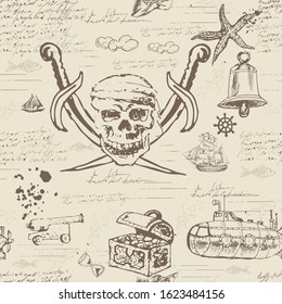 Vector abstract seamless background on the theme of travel, adventure and discovery. Old pirate manuscript with ships, jolly roger and other nautical symbols in vintage style