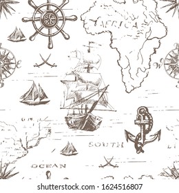 Vector abstract seamless background on the theme of travel, adventure and discovery. Old hand drawn map with vintage sailing yachts, wind rose, routs, nautical symbols and handwritten inscriptions