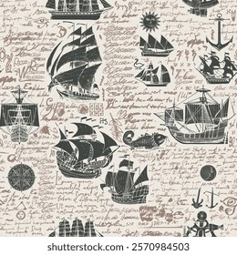 Vector abstract seamless background on the theme of travel, adventure and discovery. Old caravels, vintage sailing yachts, wind roses, anchors and fish and birds in vintage style. With illegible text