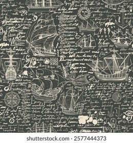 Vector abstract seamless background on the theme of travel, adventure and discovery. Old caravels, vintage sailing yachts, wind roses, anchors and fish and birds in vintage style. With illegible text