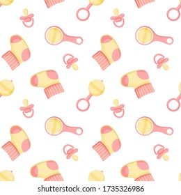 Vector abstract seamless background with pacifier, rattle, sock. Colorful endless pattern. Great for kids design: paper, card, wallpaper, banner, fabric, interior.
