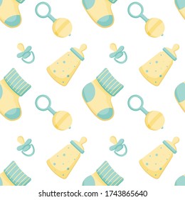 Vector abstract seamless background with rattle, bottle, sock, pacifier. Colorful endless pattern. Great for kids design: paper, card, wallpaper, banner, fabric, interior.
