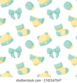 Vector abstract seamless background with sock, hat, mittens, bow.  Colorful endless pattern. Great for kids design: paper, card, wallpaper, banner, fabric, interior.