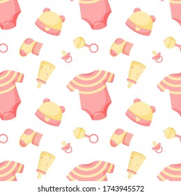Vector abstract seamless background with sock, hat, rattle, dummy, bottle, bodysuit. Colorful endless pattern. Great for kids design: paper, card, wallpaper, banner, fabric, interior.