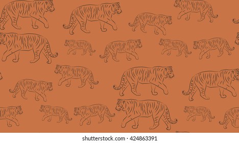 Vector abstract seamless background of tigers. The tigers are randomly located.