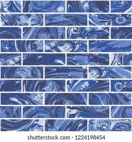Vector abstract seamless blue monochrome watercolor painted pattern. Hand drawn colorful bricks arrangement with seams on a white background. Bump map and diffuse texture for Games, wallpaper  