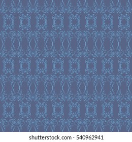 Vector abstract seamless blue openwork pattern. Wavy pattern with geometrical order. Light blue shiny metal twinkles on a dark background