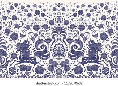 Vector abstract seamless border, dark blue unicorn print on a beige background. Floral pattern from hand drawn rose flowers, fantasy leaves and fairy tale animal, ornate cute horse.Wallpaper fringe