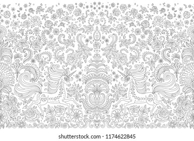 Vector abstract seamless border dark grey unicorn print on a white background. Floral pattern from hand drawn rose flowers, fantasy leaves and fairy tale animal, ornate cute horse. Wallpaper fringe