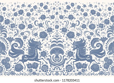 Vector abstract seamless border, dark blue unicorn print on a beige background. Floral pattern from hand drawn rose flowers, fantasy leaves and fairy tale animal, ornate cute horse.Wallpaper fringe