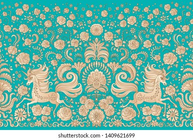 Vector abstract seamless border, gold unicorn print on a turquoise background. Floral pattern from golden hand drawn rose flowers, fantasy leaves and fairy tale animal, ornate cute horse. Scarf, shawl